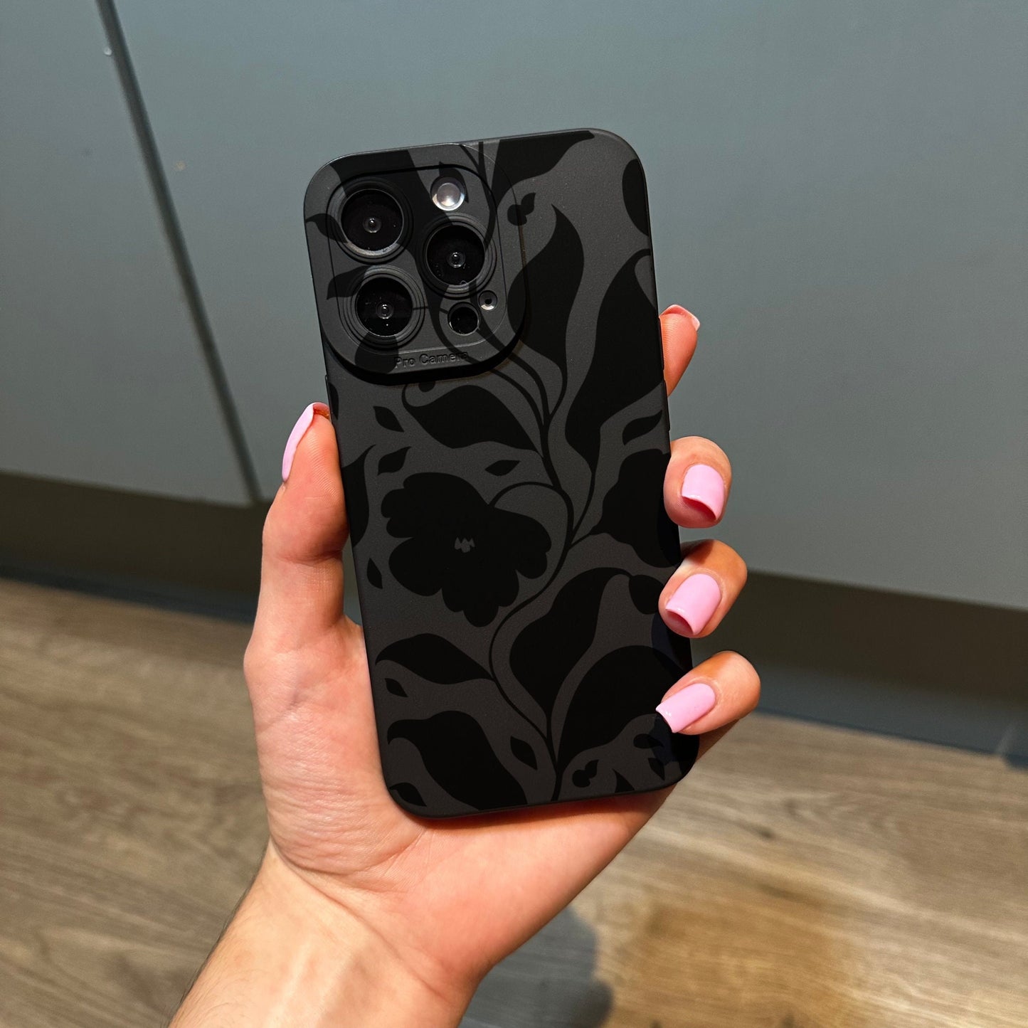 Black Floral Silhouette Print Phone Case for iPhone 17 16 15 14 13 12 11 11 Pro Max Mini 7 8 XR XS X Shockproof Phone Cover Customised Name