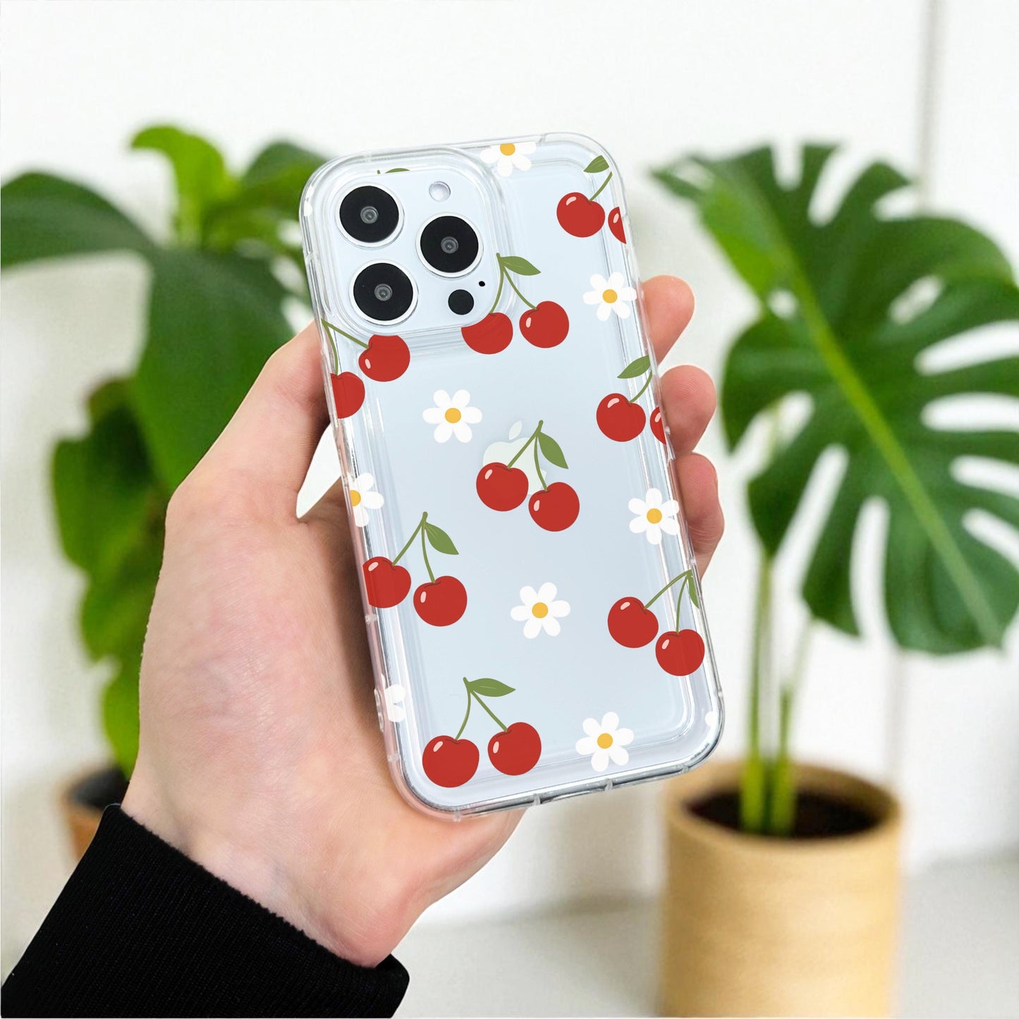 Daisy Cherry Fruit Flower Pattern Clear Phone Case for iPhone 17 16 15 14 13 12 11 11 Pro Max Mini 7 8 XR XS X Shockproof Cover Custom Name