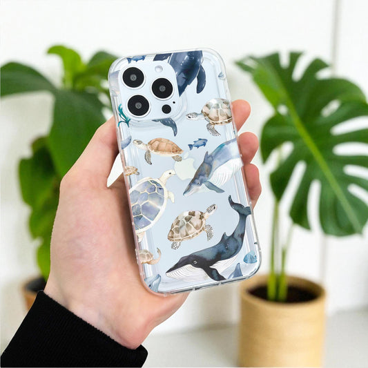 Watercolor Whale and Turtle Print Phone Case for iPhone 17 16 15 14 13 12 11 11 Pro Max Mini 7 8 XR XS X Shockproof Phone Cover Custom Name