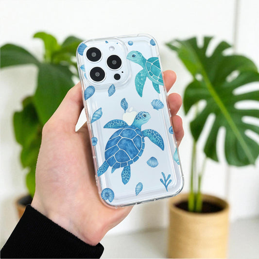 Blue Turtle Pattern Clear Phone Case for iPhone 17 16 15 14 13 12 11 11 Pro Max Mini 7 8 XR XS X Shockproof Cover Custom Name