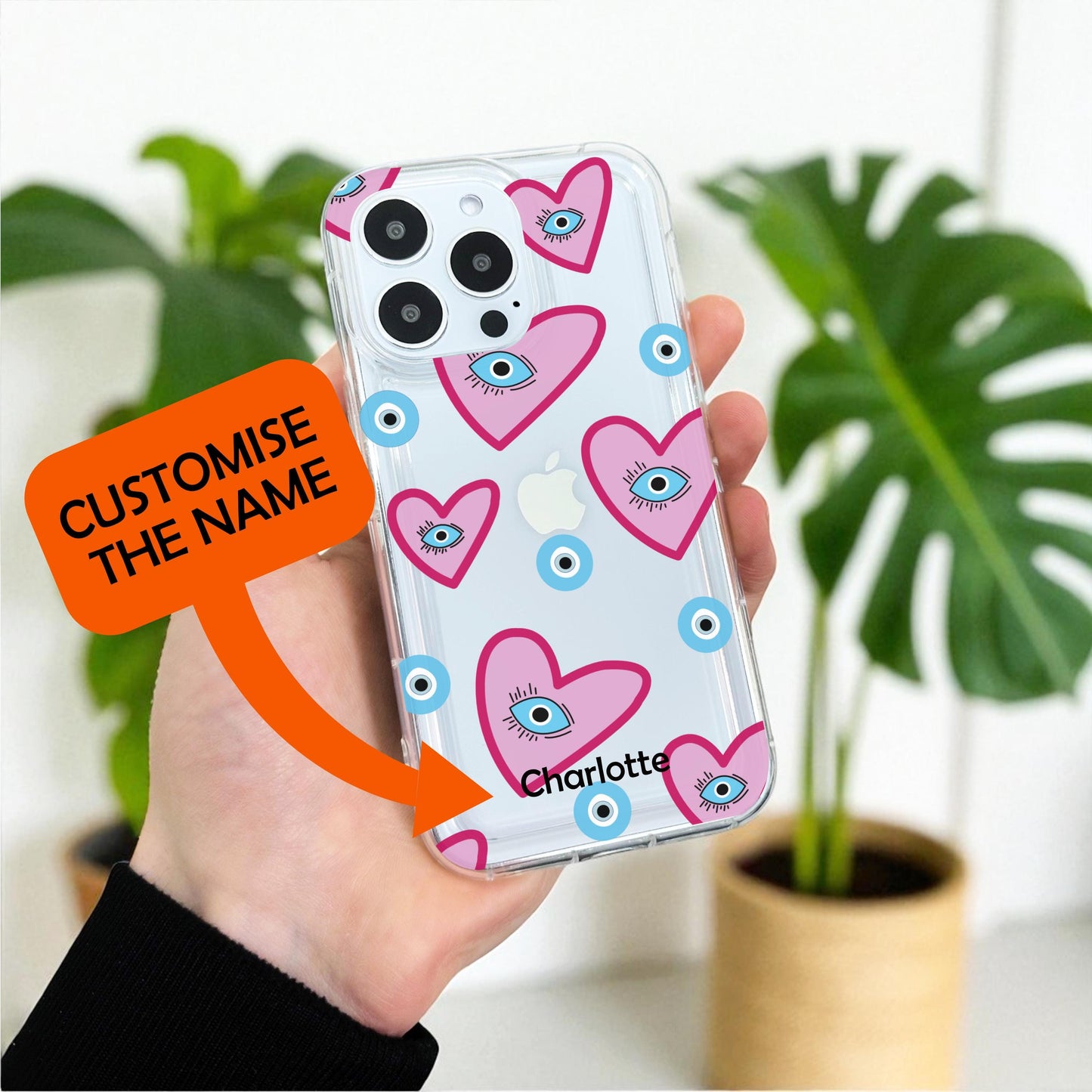 Heart Evil Eye Pattern Clear Phone Case for iPhone 17 16 15 14 13 12 11 11 Pro Max Mini 7 8 XR XS X Shockproof Silicone Cover Custom Name