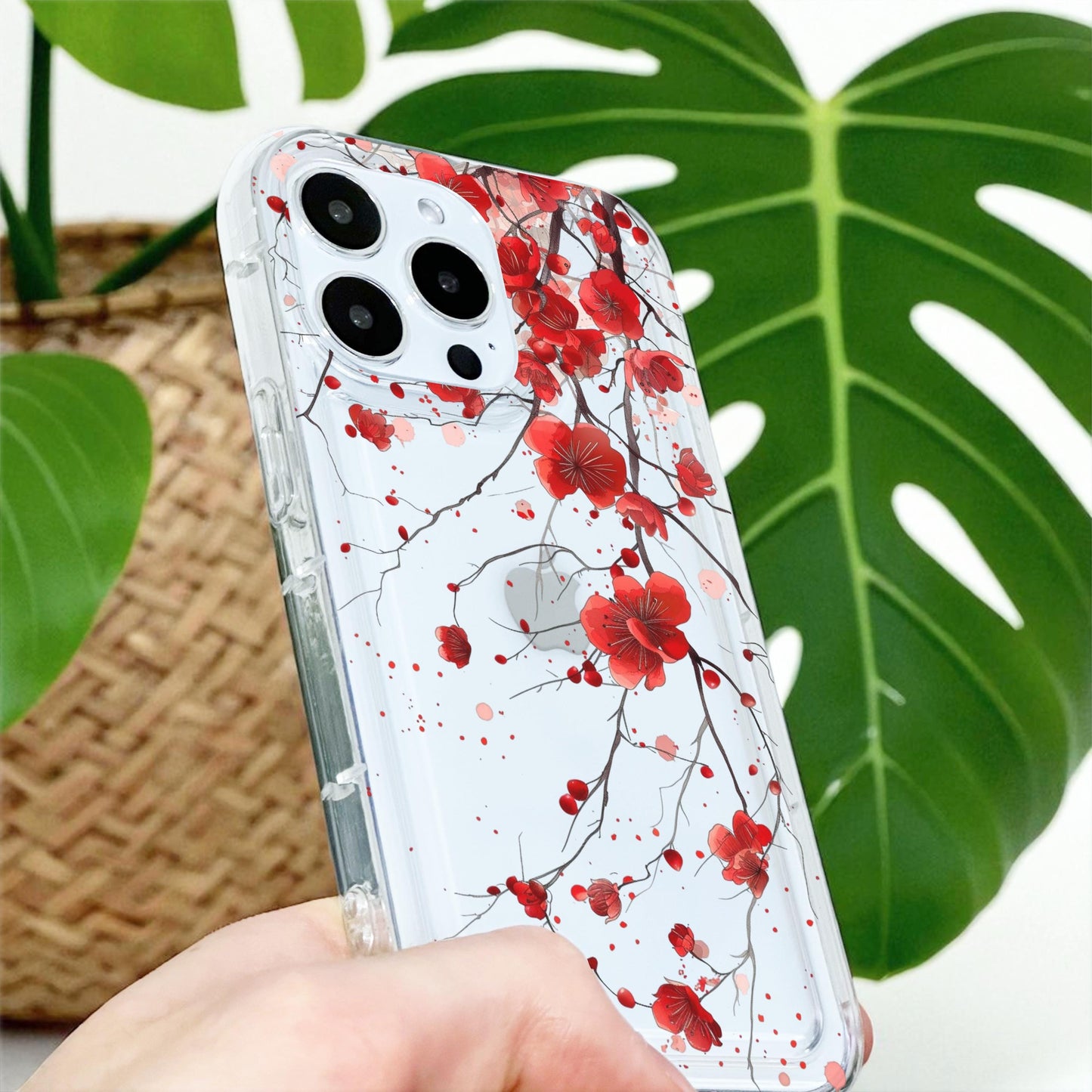 Red Blossom Floral Clear Phone Case for iPhone 17 16 15 14 13 12 11 11 Pro Max Mini 7 8 XR XS X Shockproof Silicone Phone Cover Custom Name