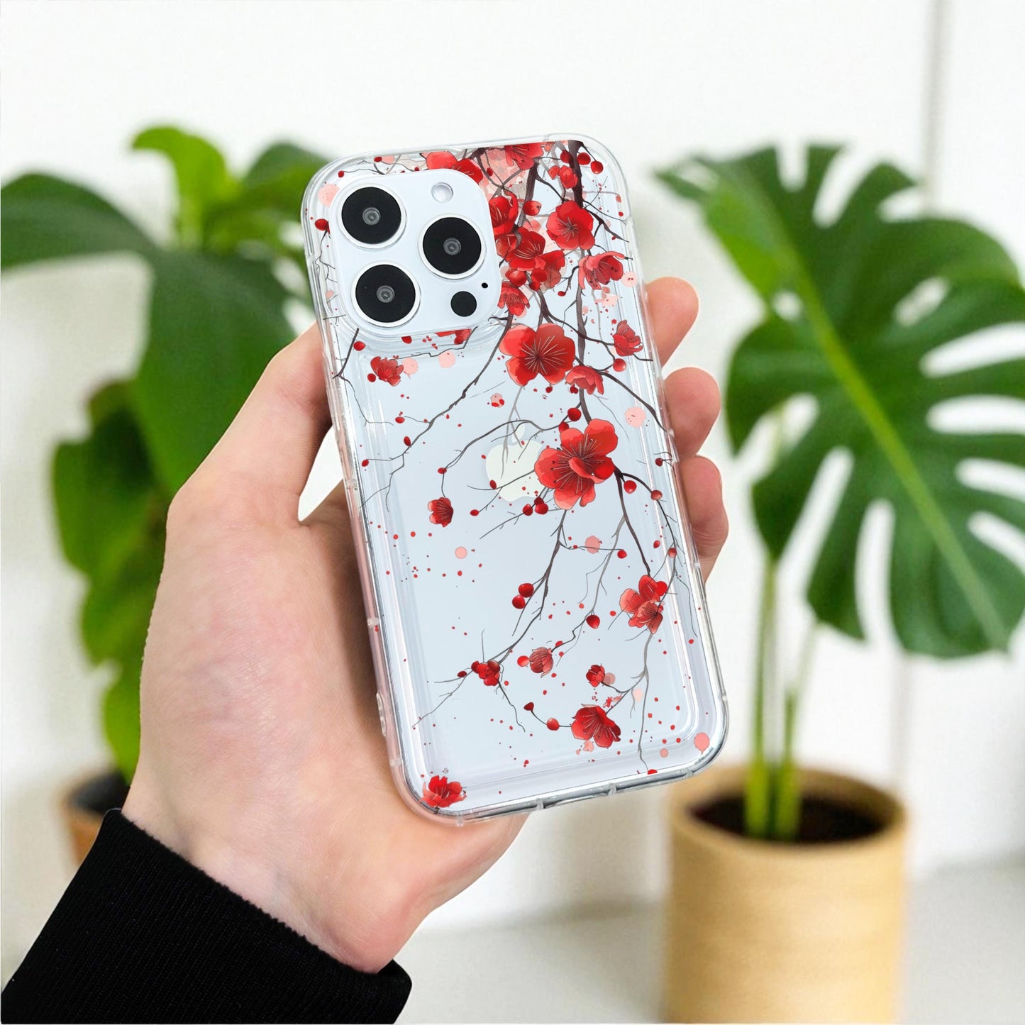 Red Blossom Floral Clear Phone Case for iPhone 17 16 15 14 13 12 11 11 Pro Max Mini 7 8 XR XS X Shockproof Silicone Phone Cover Custom Name