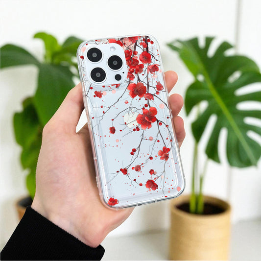 Red Blossom Floral Clear Phone Case for iPhone 17 16 15 14 13 12 11 11 Pro Max Mini 7 8 XR XS X Shockproof Silicone Phone Cover Custom Name