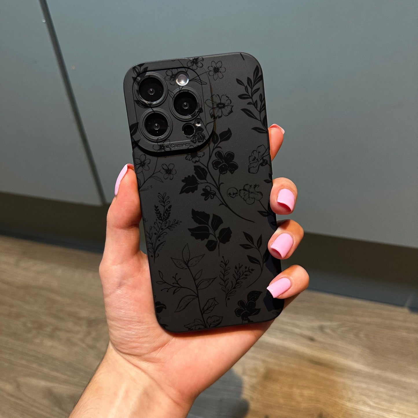 Black Floral Doodle Print Phone Case for iPhone 17 16 15 14 13 12 11 11 Pro Max Mini 7 8 XR XS X Shockproof Phone Cover with Customised Name