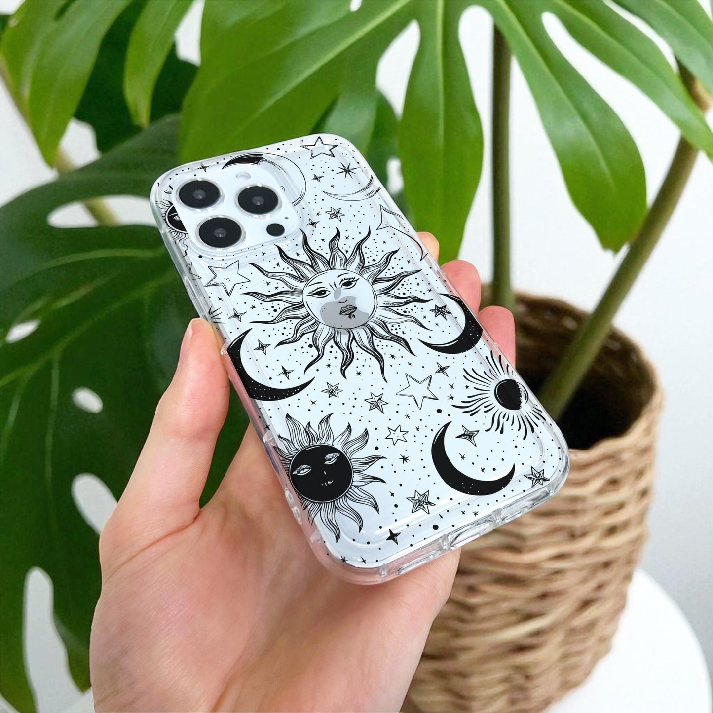 Celestial Sun Moon Pattern Clear Phone Case for iPhone 17 16 15 14 13 12 11 11 Pro Max Mini 7 8 XR XS X Shockproof Silicone Phone Cover