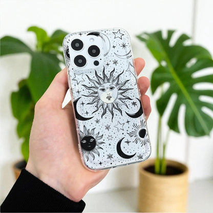 Celestial Sun Moon Pattern Clear Phone Case for iPhone 17 16 15 14 13 12 11 11 Pro Max Mini 7 8 XR XS X Shockproof Silicone Phone Cover