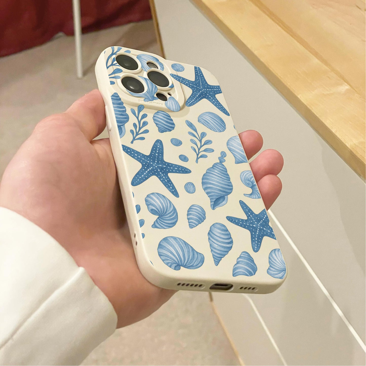 Blue Shell Starfish Beach Theme Beige Phone Case for iPhone 17 16 15 14 13 12 11 11 Pro Max Mini 7 8 XR X Shockproof Phone Cover Custom Name