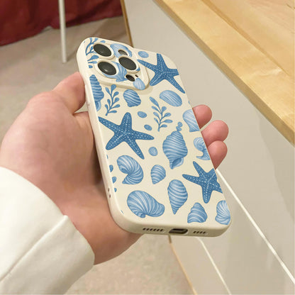 Blue Shell Starfish Beach Theme Beige Phone Case for iPhone 17 16 15 14 13 12 11 11 Pro Max Mini 7 8 XR X Shockproof Phone Cover Custom Name