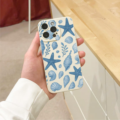 Blue Shell Starfish Beach Theme Beige Phone Case for iPhone 17 16 15 14 13 12 11 11 Pro Max Mini 7 8 XR X Shockproof Phone Cover Custom Name