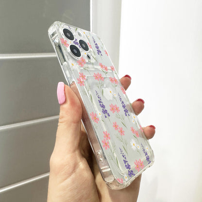 Pink Purple Wild Flower Card Holder Phone Case for iPhone 17 16 15 14 13 12 11 11 Pro Max Mini 7 8 Wallet Shockproof Phone Cover Custom Name