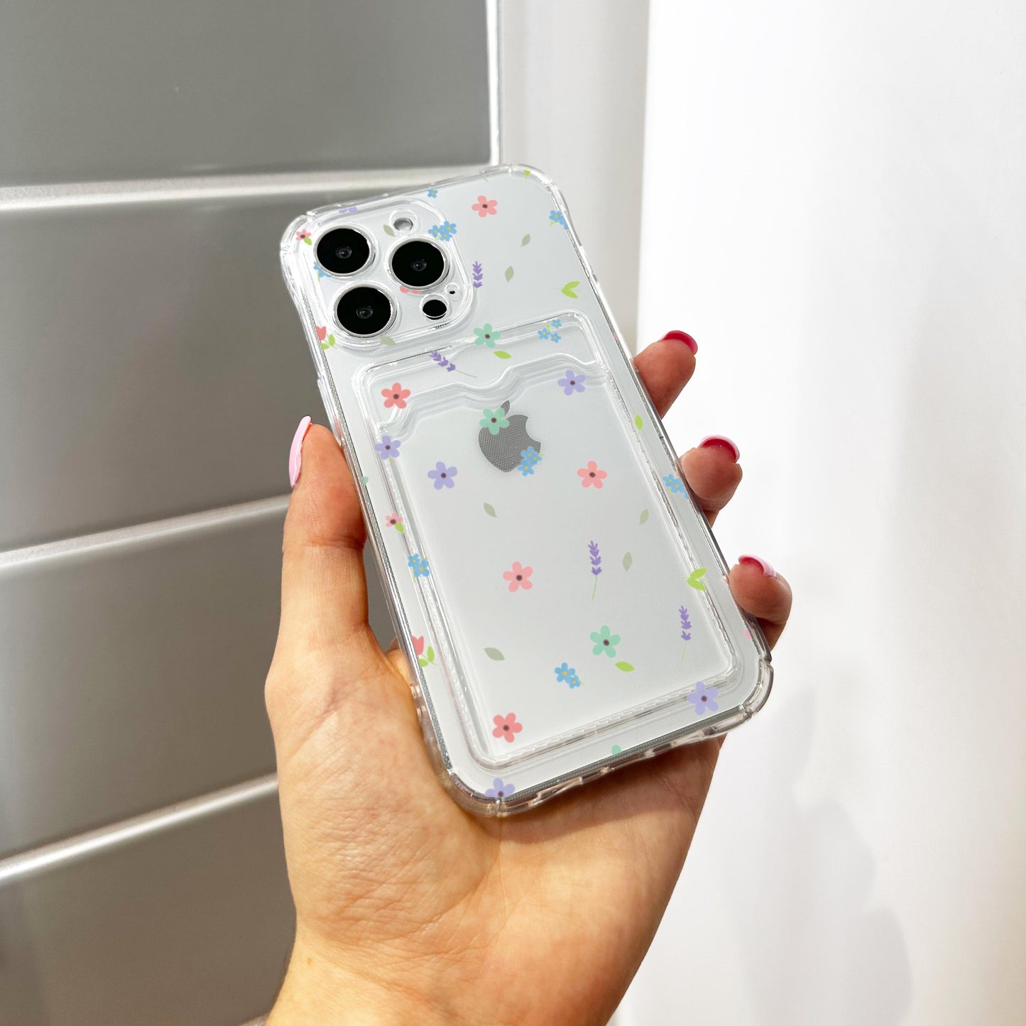 Ditsy Pastel Floral Card Holder Phone Case for iPhone 17 16 15 14 13 12 11 11 Pro Max Mini 7 8 XR Wallet Shockproof Phone Cover Custom Name