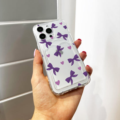 Purple Bow and Heart Card Holder Phone Case for iPhone 17 16 15 14 13 12 11 11 Pro Max Mini 7 8 XR Wallet Shockproof Phone Cover Custom Name