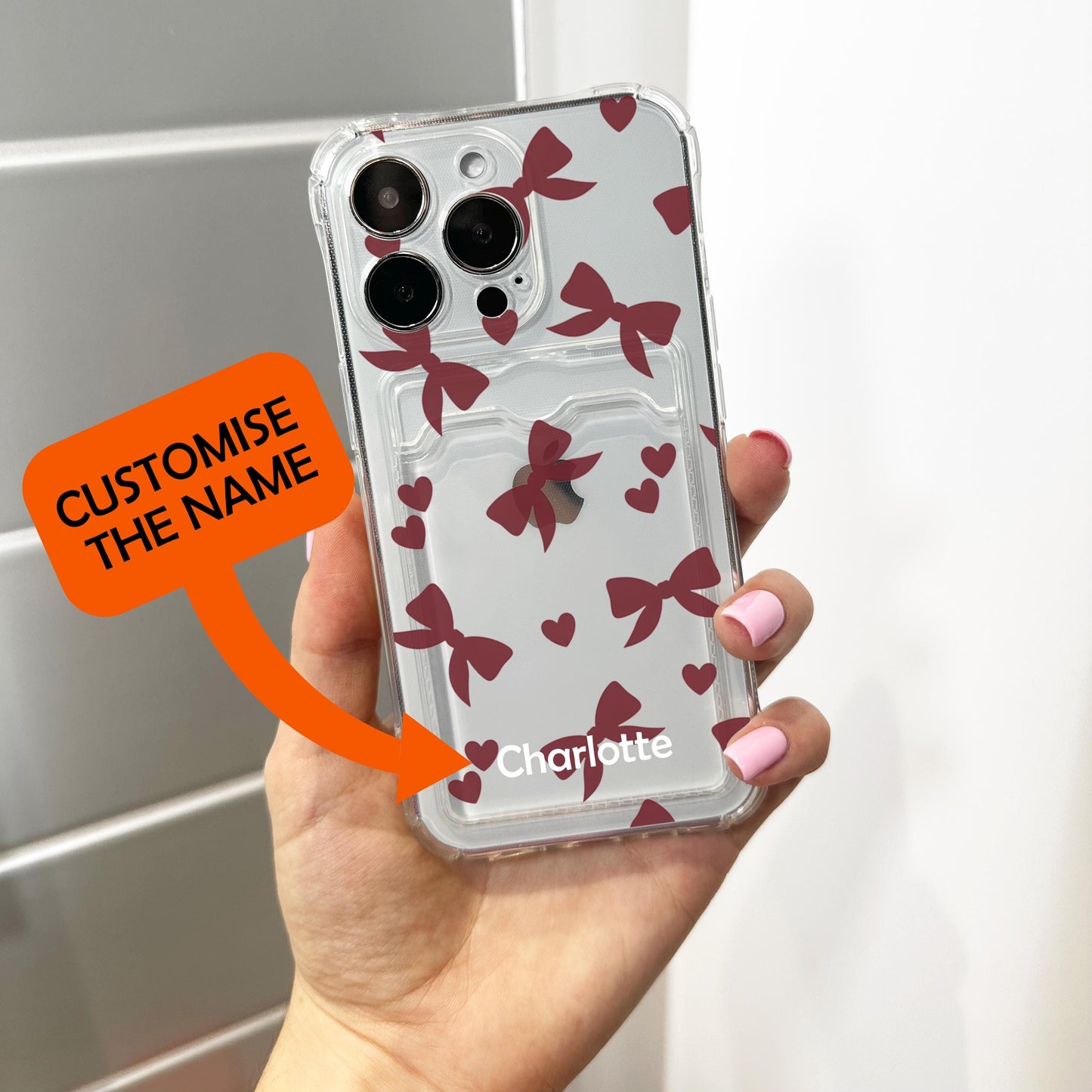 Burgundy Bow and Heart Card Holder Phone Case for iPhone 17 16 15 14 13 12 11 11 Pro Max Mini 7 8 Wallet Shockproof Phone Cover Custom Name