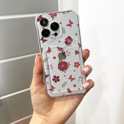 Burgundy Rose Butterfly Flower Card Holder Phone Case for iPhone 17 16 15 14 13 12 11 11 Pro Max Mini 7 Wallet Shockproof Phone Cover Custom