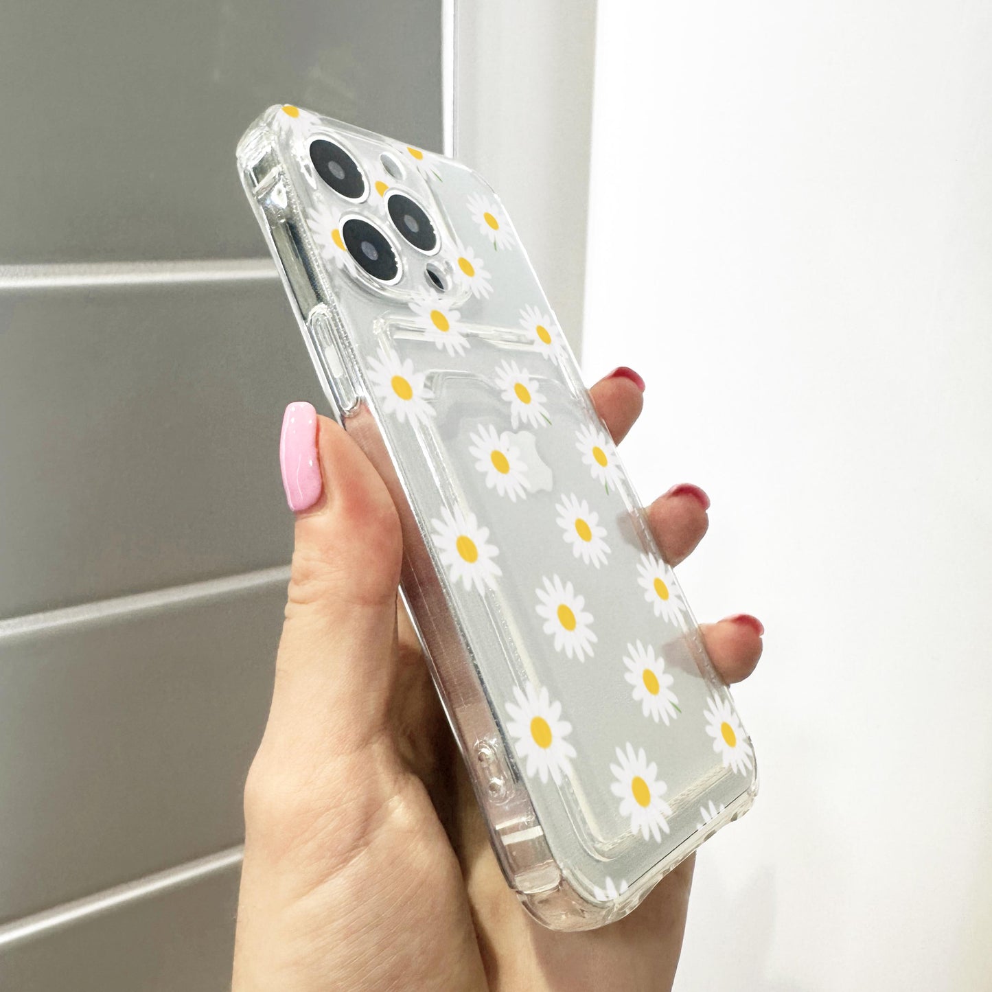 Floral Daisy Pattern Card Holder Phone Case for iPhone 17 16 15 14 13 12 11 11 Pro Max Mini 7 8 Wallet Shockproof Phone Cover Custom Name