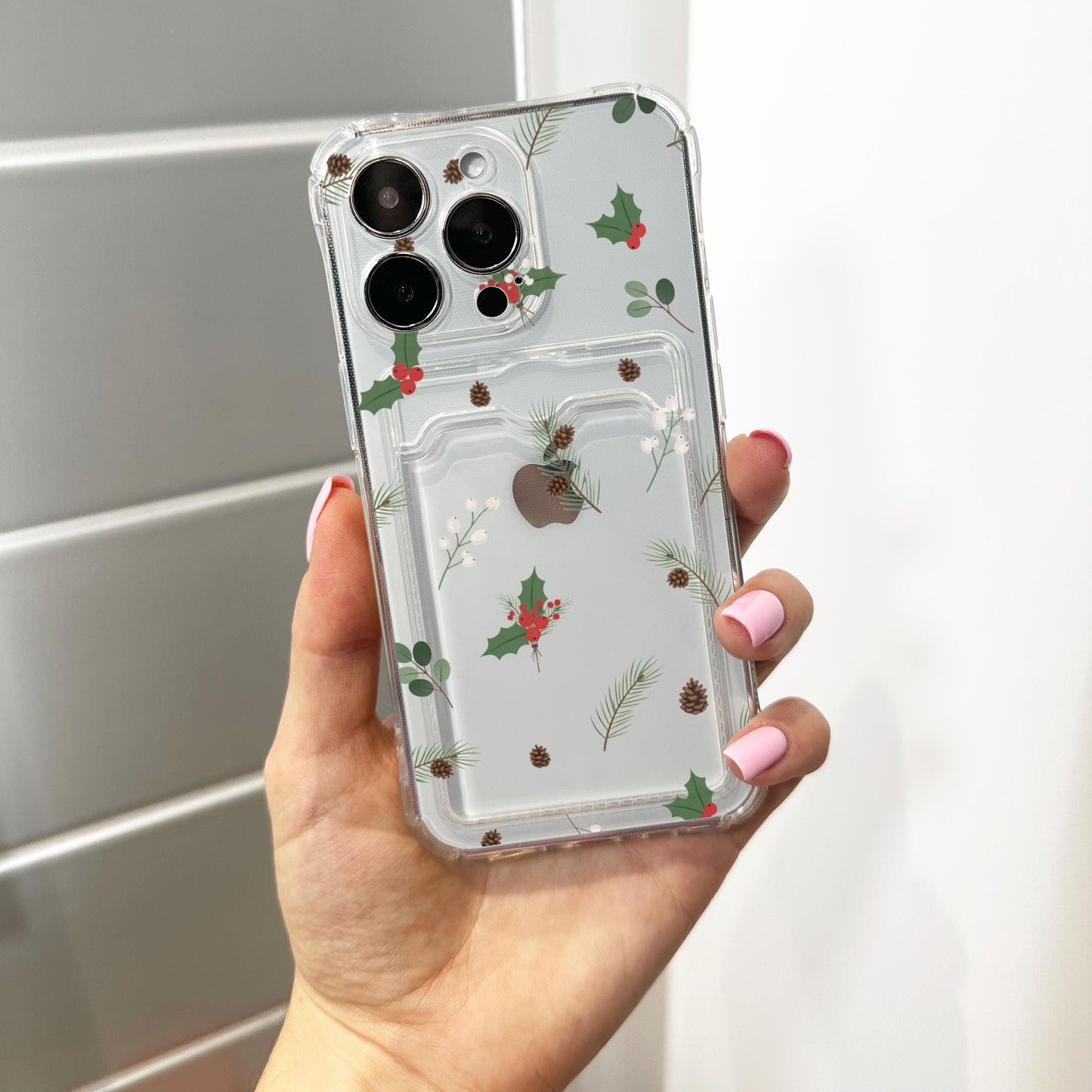 Christmas Pine Holly Berry Card Holder Phone Case for iPhone 17 16 15 14 13 12 11 11 Pro Max Mini 7 XR Wallet Shockproof Phone Cover Custom