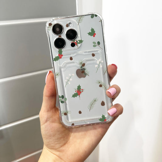 Christmas Pine Holly Berry Card Holder Phone Case for iPhone 17 16 15 14 13 12 11 11 Pro Max Mini 7 XR Wallet Shockproof Phone Cover Custom