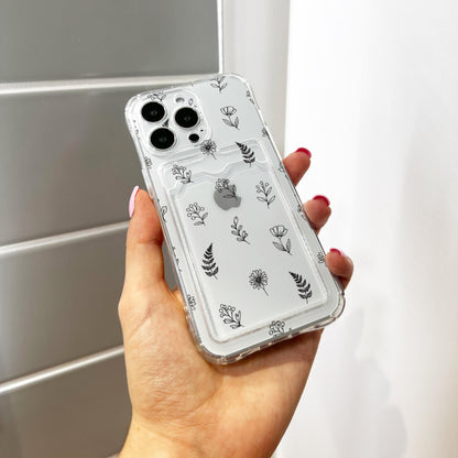 Botanical Black Line Art Card Holder Phone Case for iPhone 17 16 15 14 13 12 11 11 Pro Max Mini 7 8 Wallet Shockproof Phone Cover Custom