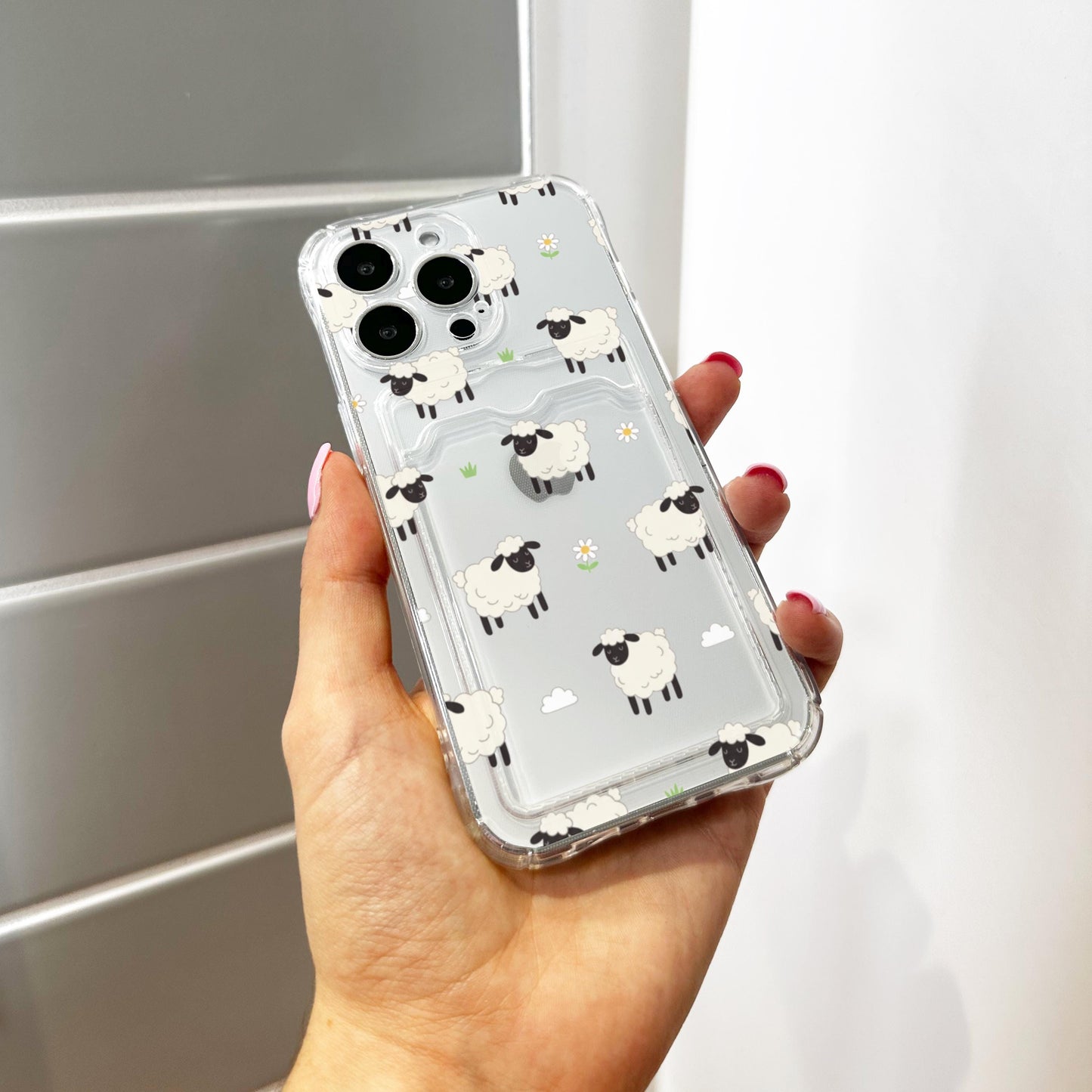 Sheep Floral Card Holder Phone Case for iPhone 17 16 15 14 13 12 11 11 Pro Max Mini 7 8 XR XS X Wallet Shockproof Phone Cover Custom Name