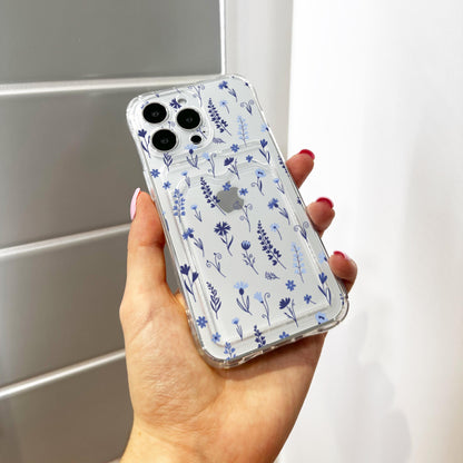 Navy Blue Wild Flower Card Holder Phone Case for iPhone 17 16 15 14 13 12 11 11 Pro Max Mini 7 8 XR X Wallet Shockproof Phone Cover Custom