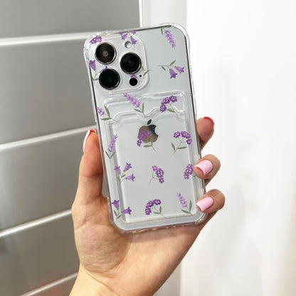 Purple Wild Flower Card Holder Phone Case for iPhone 17 16 15 14 13 12 11 11 Pro Max Mini 7 8 XR X Wallet Shockproof Phone Cover Custom Name