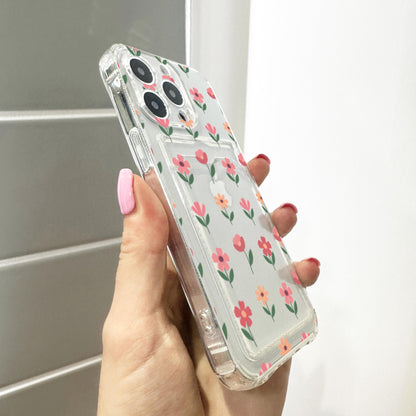 Pink Floral Flower Card Holder Phone Case for iPhone 17 16 15 14 13 12 11 11 Pro Max Mini 7 8 XR Wallet Shockproof Phone Cover Custom Name