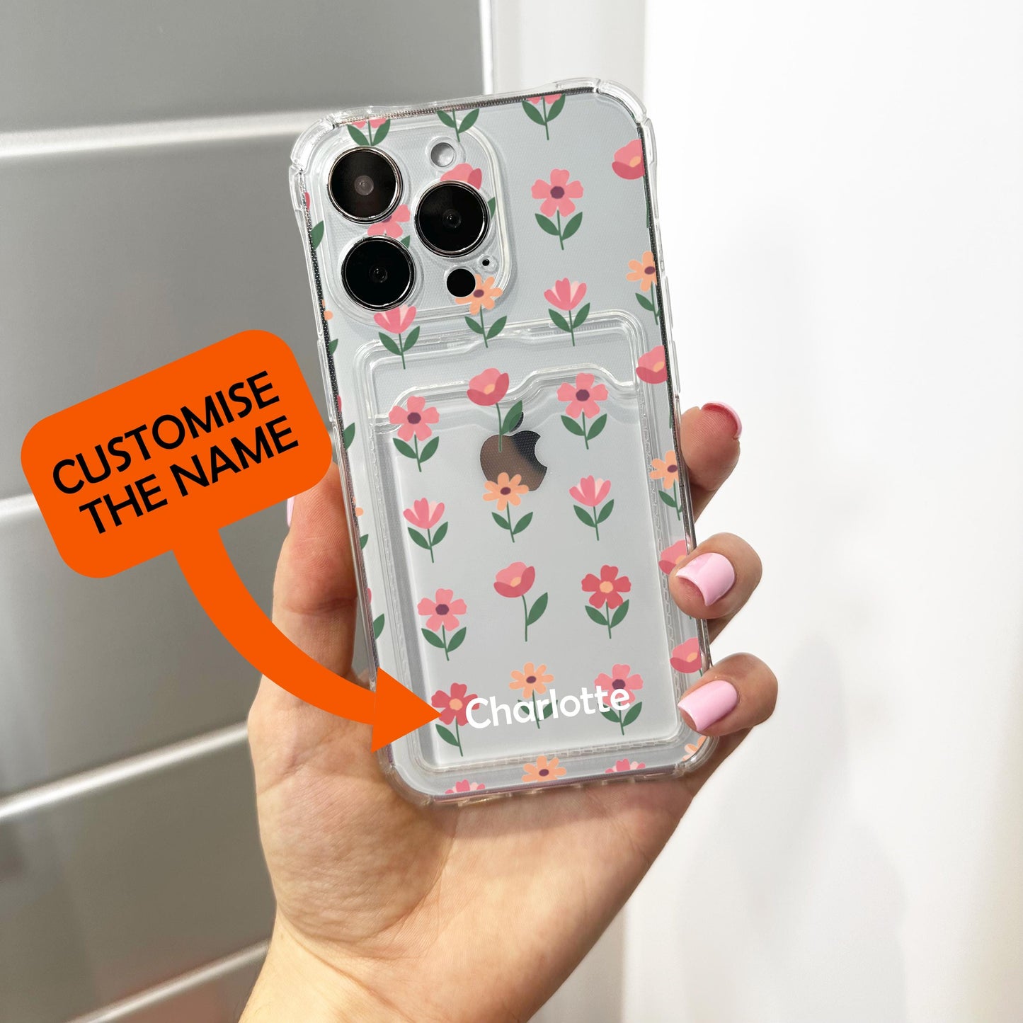 Pink Floral Flower Card Holder Phone Case for iPhone 17 16 15 14 13 12 11 11 Pro Max Mini 7 8 XR Wallet Shockproof Phone Cover Custom Name