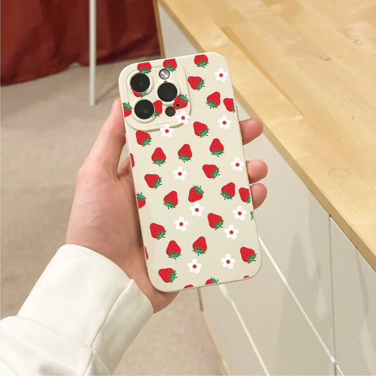 Strawberry Pattern Beige Phone Case for iPhone 16 15 14 13 12 11 11 Pro Max Mini 7 8 XR XS X Shockproof Phone Cover with Personalised Name