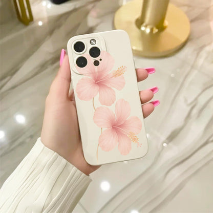 Pink Hibiscus Flower Floral Beige Phone Case for iPhone 17 16 15 14 13 12 11 11 Pro Max Mini 7 8 XR XS X Shockproof Phone Cover Custom Name