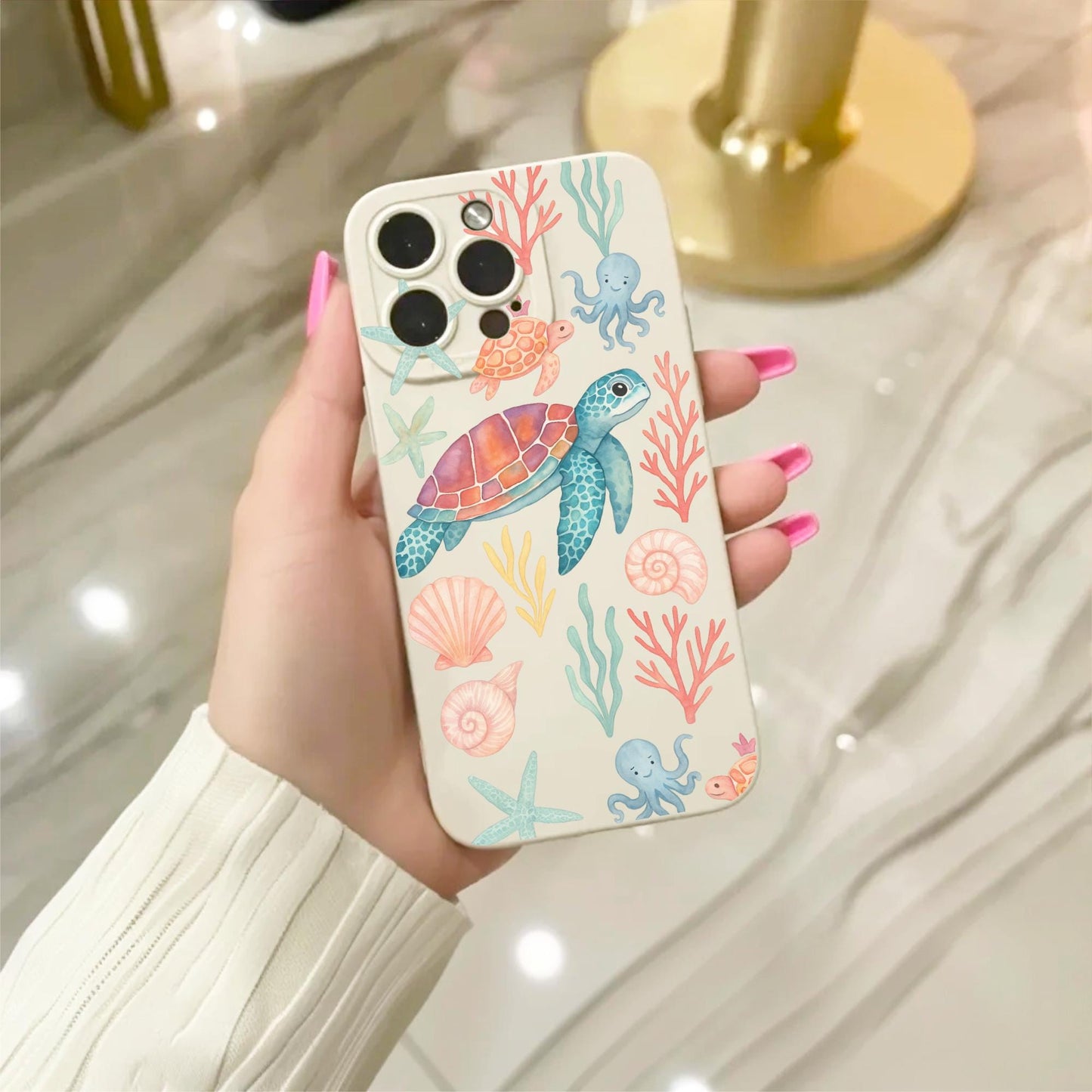 Turtle Shell Sea Life Starfish Beige Phone Case for iPhone 17 16 15 14 13 12 11 11 Pro Max Mini 7 8 XR X Shockproof Phone Cover Custom Name