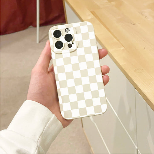 Checkered Pattern Beige Phone Case for iPhone 17 16 15 14 13 12 11 11 Pro Max Mini 7 8 SE XR X Shockproof Phone Cover with Customised Name