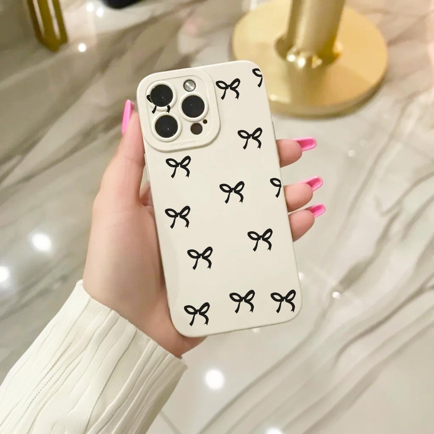 Black Bow Pattern Beige Phone Case for iPhone 17 16 15 14 13 12 11 11 Pro Max Mini 7 8 XR XS X Shockproof Phone Cover with Personalised Name