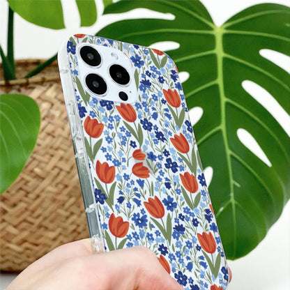 Floral Red Blue Flower Clear Phone Case for iPhone 17 16 15 14 13 12 11 11 Pro Max Mini 7 8 XR X Shockproof Slim Phone Cover Custom Name