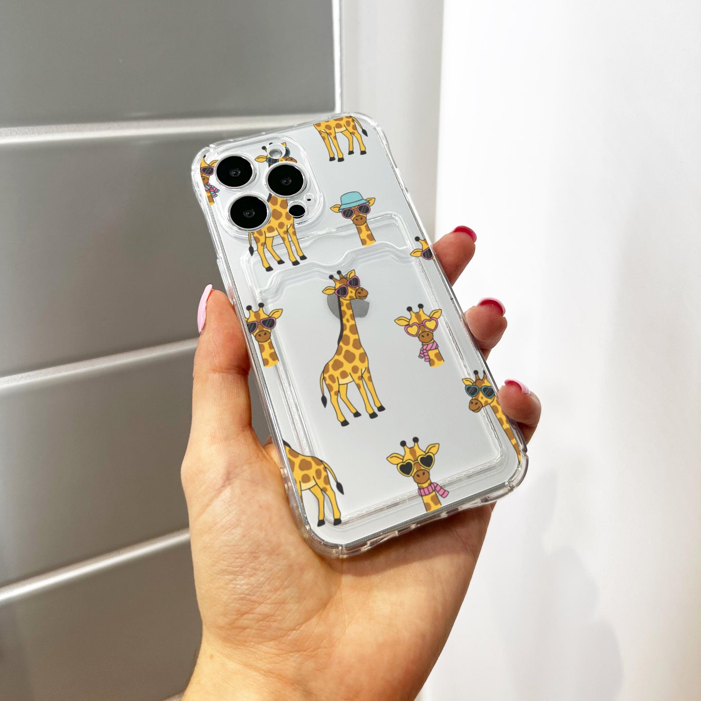 Giraffe Print Card Holder Phone Case for iPhone 17 16 15 14 13 12 11 11 Pro Max Mini 7 8 XR XS X Wallet Shockproof Phone Cover Custom Name