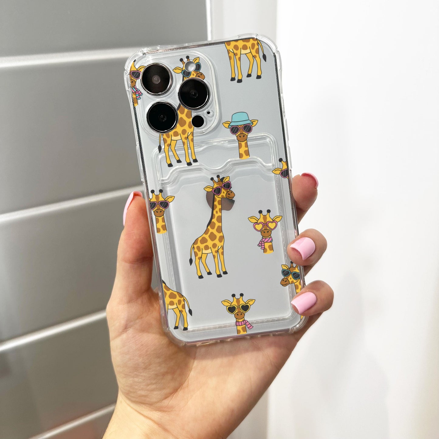 Giraffe Print Card Holder Phone Case for iPhone 17 16 15 14 13 12 11 11 Pro Max Mini 7 8 XR XS X Wallet Shockproof Phone Cover Custom Name