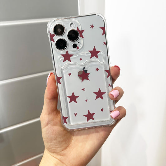 Burgundy Star Clear Card Holder Phone Case for iPhone 17 16 15 14 13 12 11 11 Pro Max Mini 7 XR X Wallet Shockproof Phone Cover Custom Name