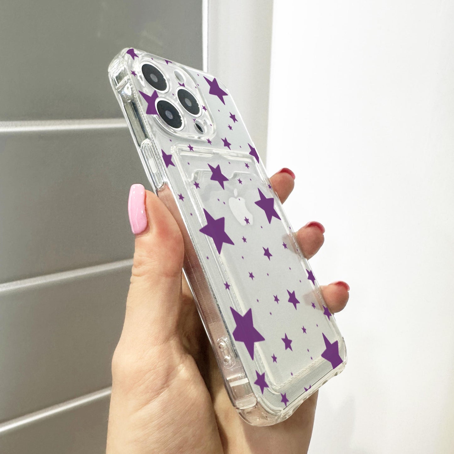 Rich Violet Star Clear Card Holder Phone Case for iPhone 17 16 15 14 13 12 11 11 Pro Max Mini 7 XR XS X Wallet Shockproof Phone Cover Custom