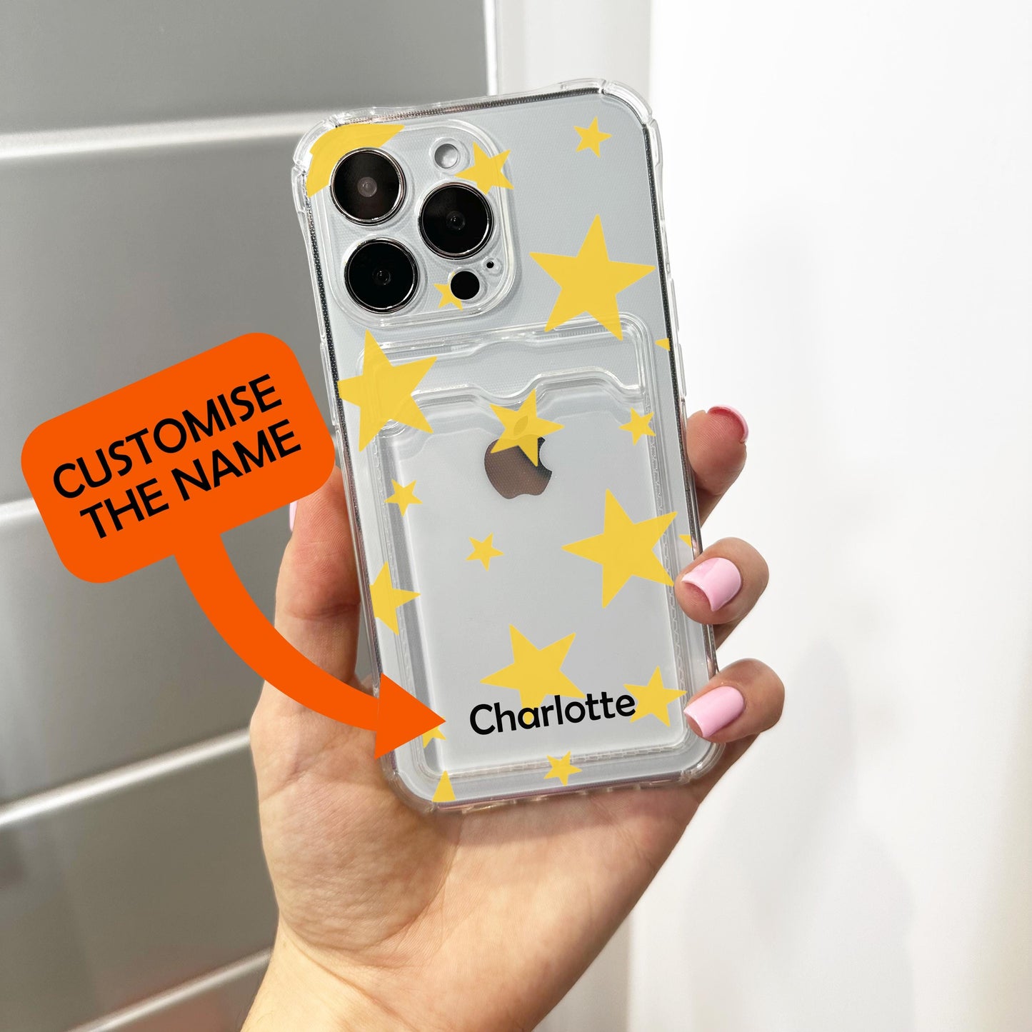 Bright Yellow Star Card Holder Phone Case for iPhone 17 16 15 14 13 12 11 11 Pro Max Mini 7 8 XR X Wallet Shockproof Phone Cover Custom Name