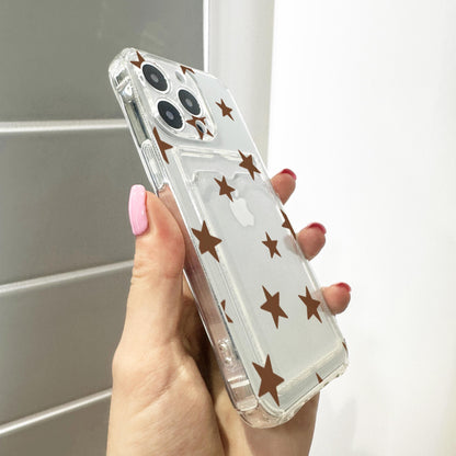 Brown Star Clear Card Holder Phone Case for iPhone 17 16 15 14 13 12 11 11 Pro Max Mini 7 8 XR X Wallet Shockproof Phone Cover Custom Name