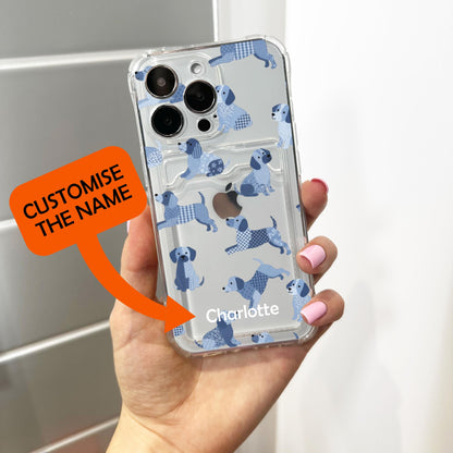Blue Patchwork Dog Card Holder Phone Case for iPhone 17 16 15 14 13 12 11 11 Pro Max Mini 7 8 XR X Wallet Shockproof Phone Cover Custom Name