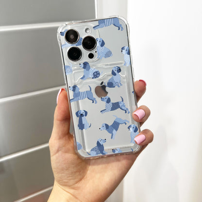 Blue Patchwork Dog Card Holder Phone Case for iPhone 17 16 15 14 13 12 11 11 Pro Max Mini 7 8 XR X Wallet Shockproof Phone Cover Custom Name
