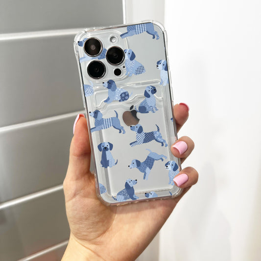 Blue Patchwork Dog Card Holder Phone Case for iPhone 17 16 15 14 13 12 11 11 Pro Max Mini 7 8 XR X Wallet Shockproof Phone Cover Custom Name