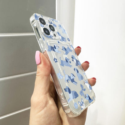 Blue Floral Bow Heart Dog Card Holder Phone Case for iPhone 17 16 15 14 13 12 11 11 Pro Max Mini 7 8 XR Wallet Shockproof Phone Cover Custom