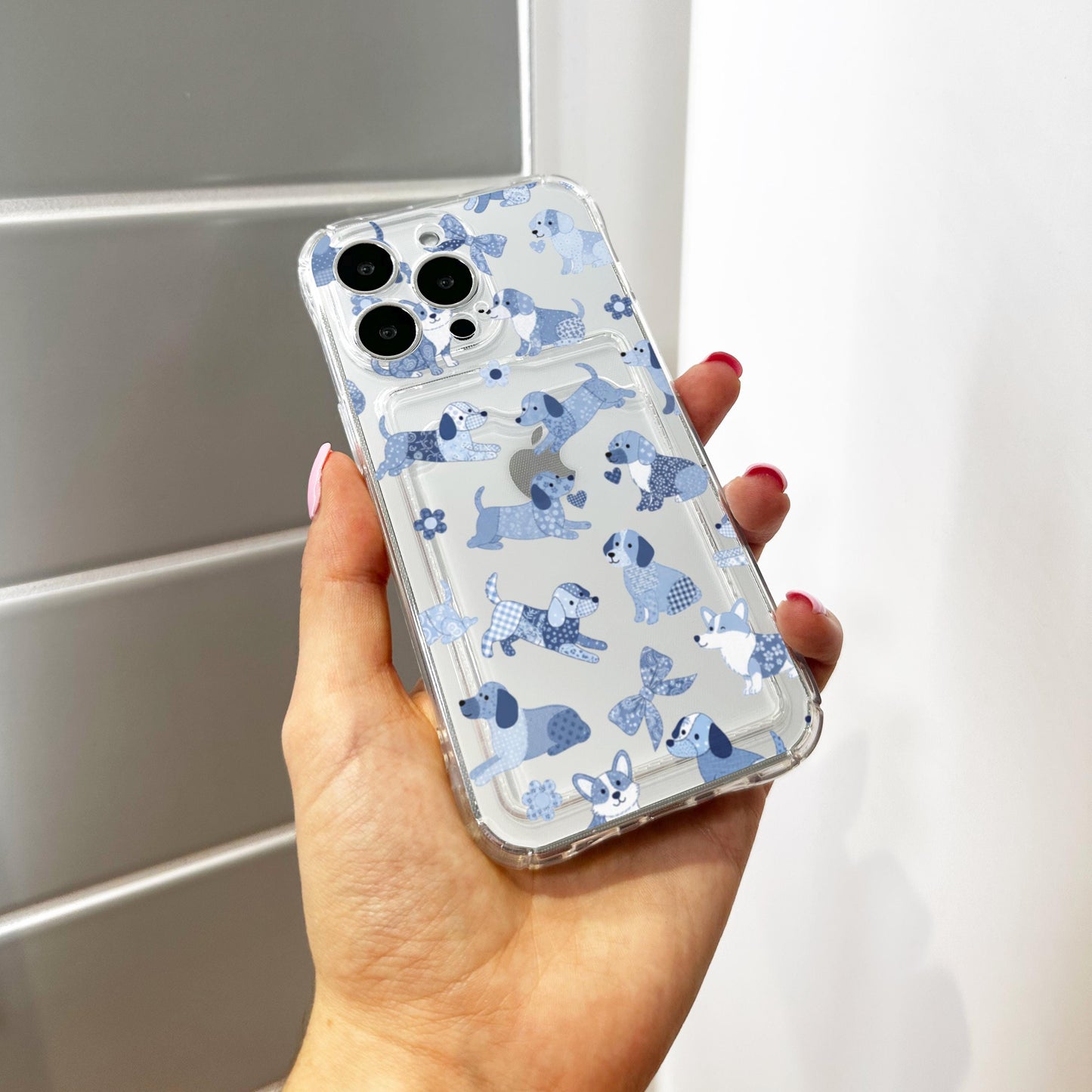 Blue Floral Bow Heart Dog Card Holder Phone Case for iPhone 17 16 15 14 13 12 11 11 Pro Max Mini 7 8 XR Wallet Shockproof Phone Cover Custom