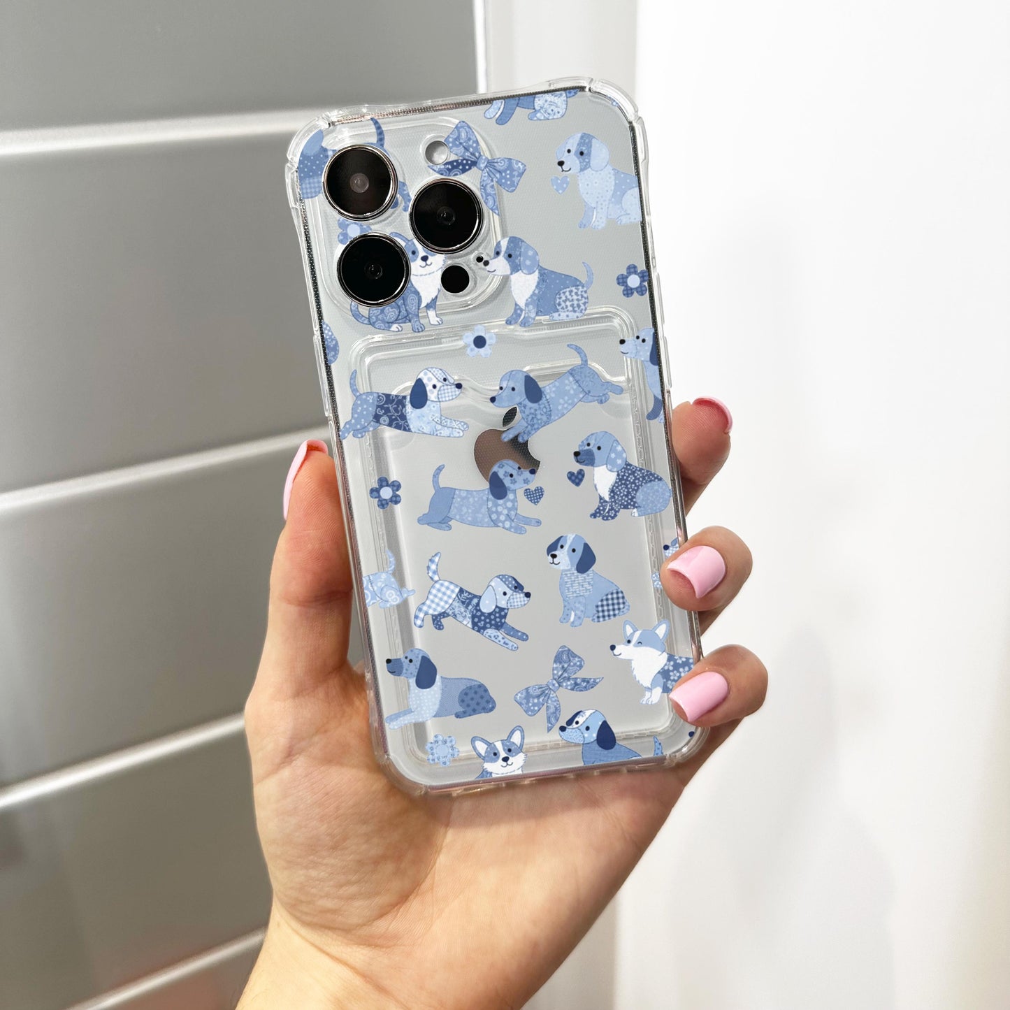 Blue Floral Bow Heart Dog Card Holder Phone Case for iPhone 17 16 15 14 13 12 11 11 Pro Max Mini 7 8 XR Wallet Shockproof Phone Cover Custom