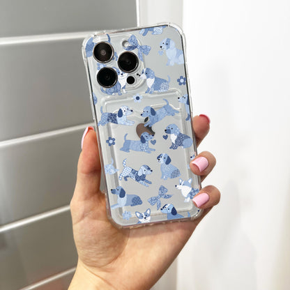 Blue Floral Bow Heart Dog Card Holder Phone Case for iPhone 17 16 15 14 13 12 11 11 Pro Max Mini 7 8 XR Wallet Shockproof Phone Cover Custom