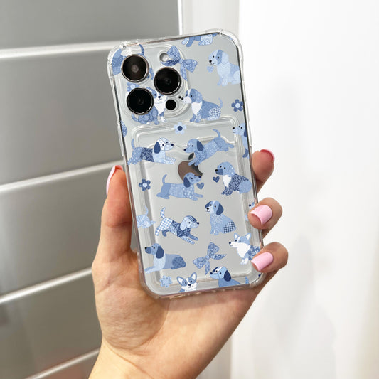 Blue Floral Bow Heart Dog Card Holder Phone Case for iPhone 17 16 15 14 13 12 11 11 Pro Max Mini 7 8 XR Wallet Shockproof Phone Cover Custom