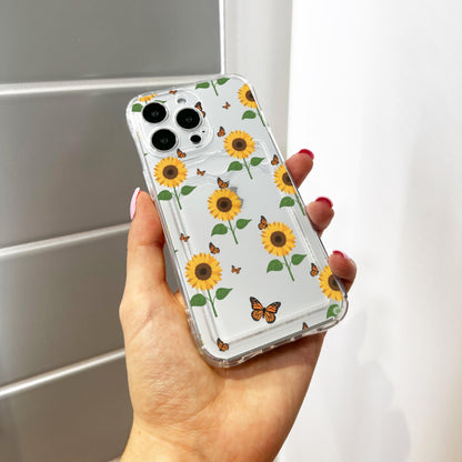 Sunflower Butterfly Clear Card Holder Phone Case for iPhone 17 16 15 14 13 12 11 11 Pro Max Mini 7 XR X Wallet Shockproof Phone Cover Custom