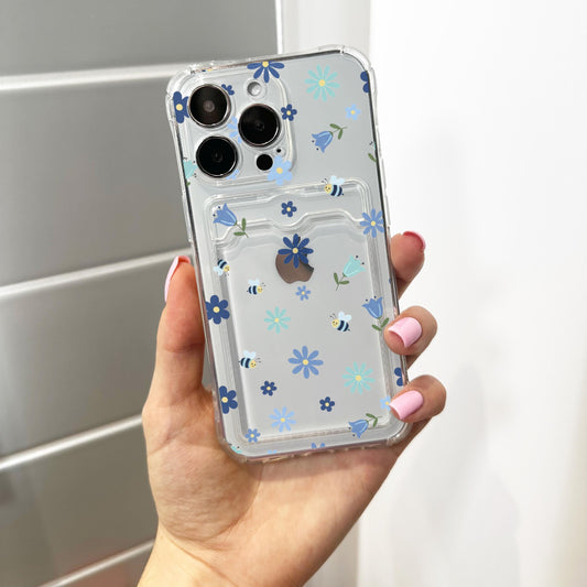 Blue Flower Bee Card Holder Phone Case for iPhone 17 16 15 14 13 12 11 11 Pro Max Mini 7 8 XR XS X Wallet Shockproof Phone Cover Custom Name
